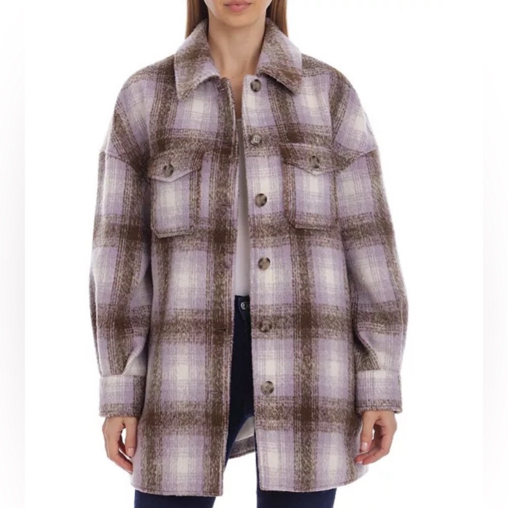 Bagatelle Purple Plaid Women’s Jacket Shacket Button Up Size Small Oversized
